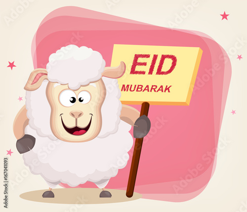 Eid Mubarak – traditional Muslim greeting used on the festivals of Eid al-Adha and Eid al-Fitr. Greeting card with funny sheep holding placard