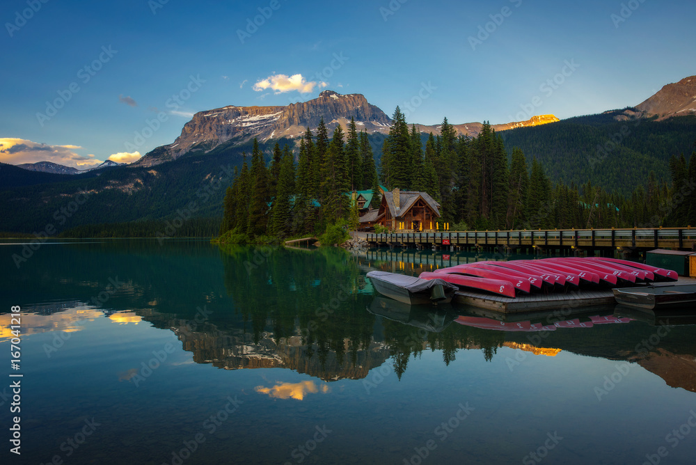 Canoes on beautiful Emerald Lake in Yoho National Park, Canada