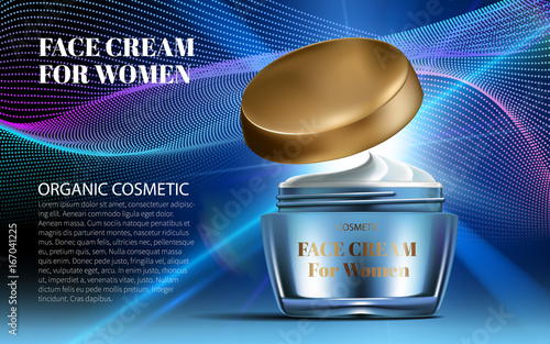 Realistic Women Night Cream for Eye and Face Elegant Blue Bottle Mockup Dazzling Background. Luxury Contained Gloss Effect. Excellent Advertising. Cosmetic Ads Design Product. 3D Vector Illustration