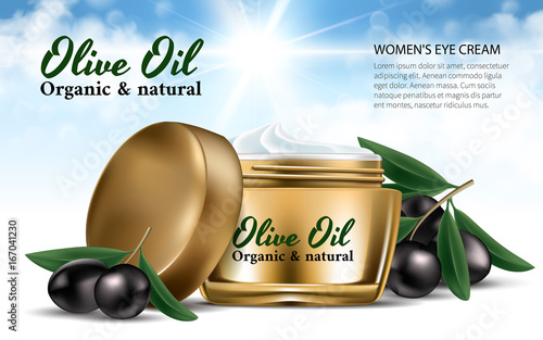 Realistic Gold Women Jar Cream for Face Olive Oil. Branch black olives. Bottle Mockup Dazzling Background. Contained in Glass. Excellent Advertising. Cosmetic Design Product. 3D Vector Illustration
