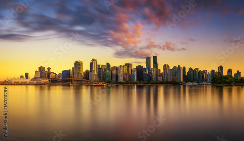 Sunset skyline of Vancouver downtown from Stanley Park