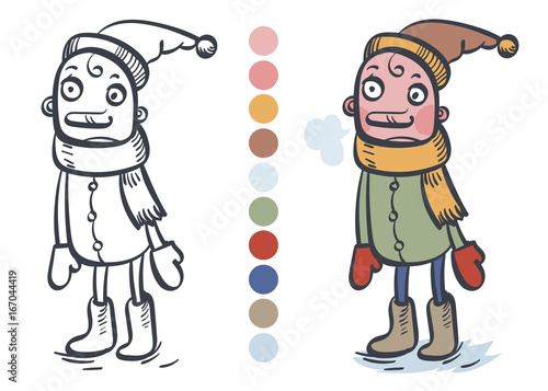 The little boy is warmly dressed. Illustration, cartoon, coloring book