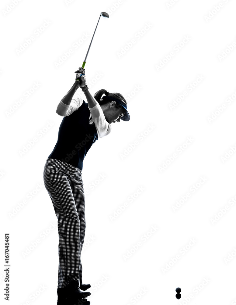 woman golfer golfing silhouette in white background woman golfer golfing silhouette in white background