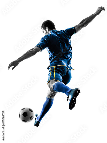 Fototapeta Naklejka Na Ścianę i Meble -  one caucasian soccer player man playing kicking in silhouette isolated on white background
