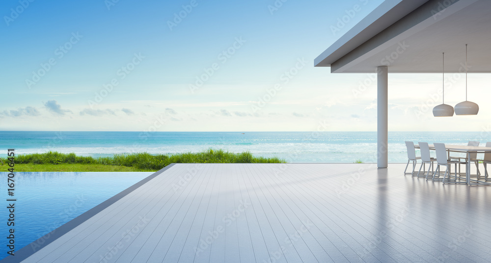 Luxury beach house with sea view swimming pool and empty terrace in modern design, Outdoor dining at vacation home for big family - 3d rendering of residential building - obrazy, fototapety, plakaty 