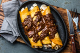 Mexican cuisine. Traditional Mexican chicken enchiladas with spicy chocolate salsa mole poblano. Enchiladas with sauce moole from Puebla, Mexico