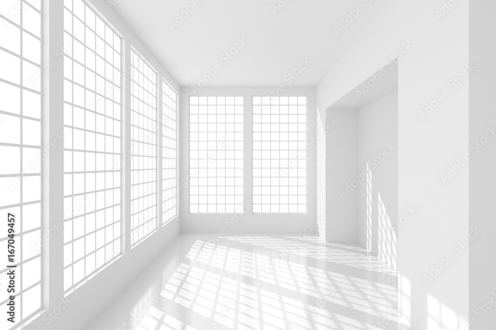 Futuristic empty white room with bright sunlight from windows. 3D Rendering. Futuristic empty white room with bright sunlight from windows. 3D Rendering.