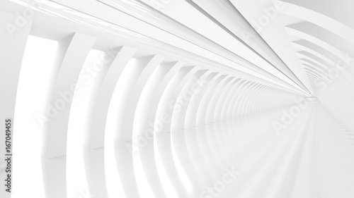 Fototapeta Naklejka Na Ścianę i Meble -  Futuristic empty white corridor with square columns and pipes on the ceiling. 3D Rendering.