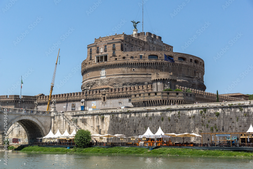 Amazing view of St. Angelo Bridge,  Tiber River and castle st. Angelo in city of Rome, Italy