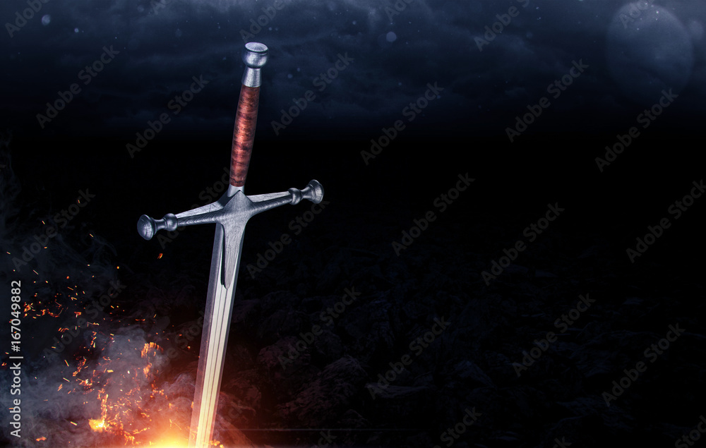 Metal sword on a dark background with clouds. 3d render Metal sword on a dark background with clouds. 3d render