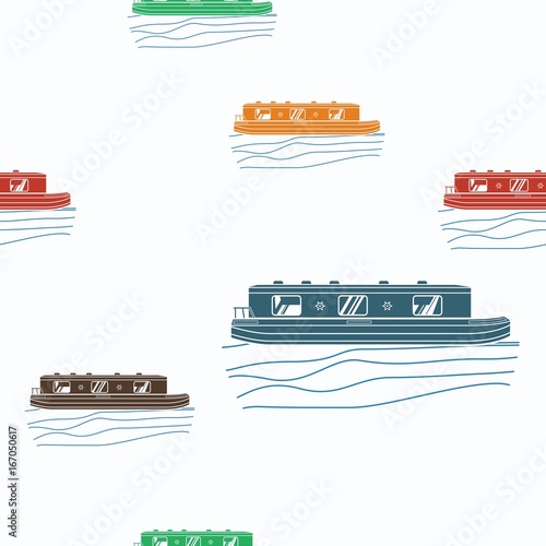 Editable Flat Style Canal Boats Vector Illustration in Various Color as Seamless Pattern for Creating Background of Transportation or Recreation of United Kingdom or Europe Related Design