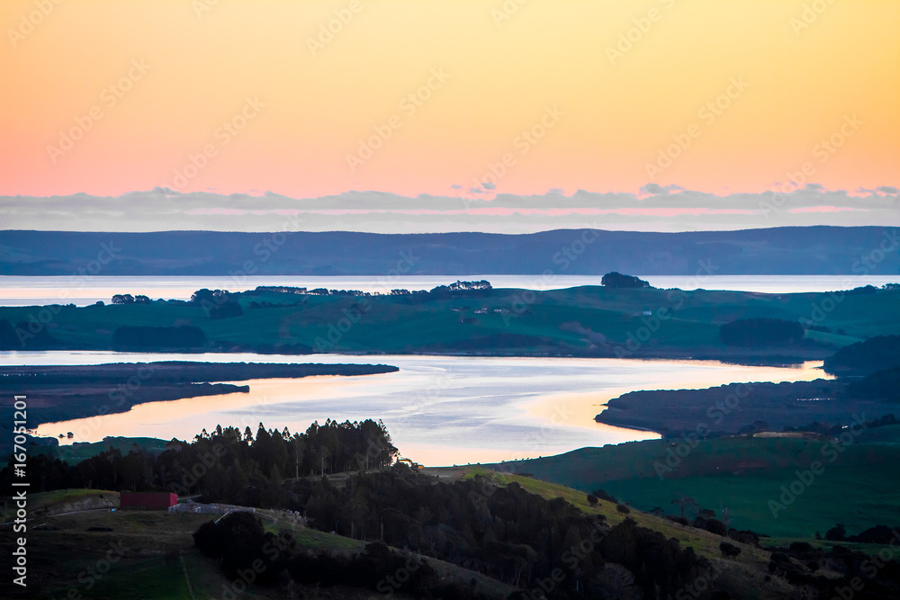 green hills at sunset, landscape picture