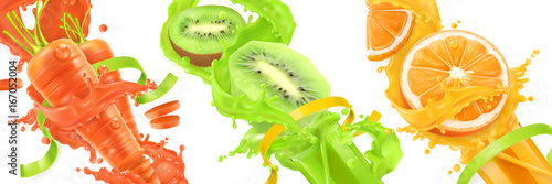 Carrots, kiwi, orange splash of juice. Healthy food, sports and fitness. Natural fruit and vegetables. 3d realistic vector icon set