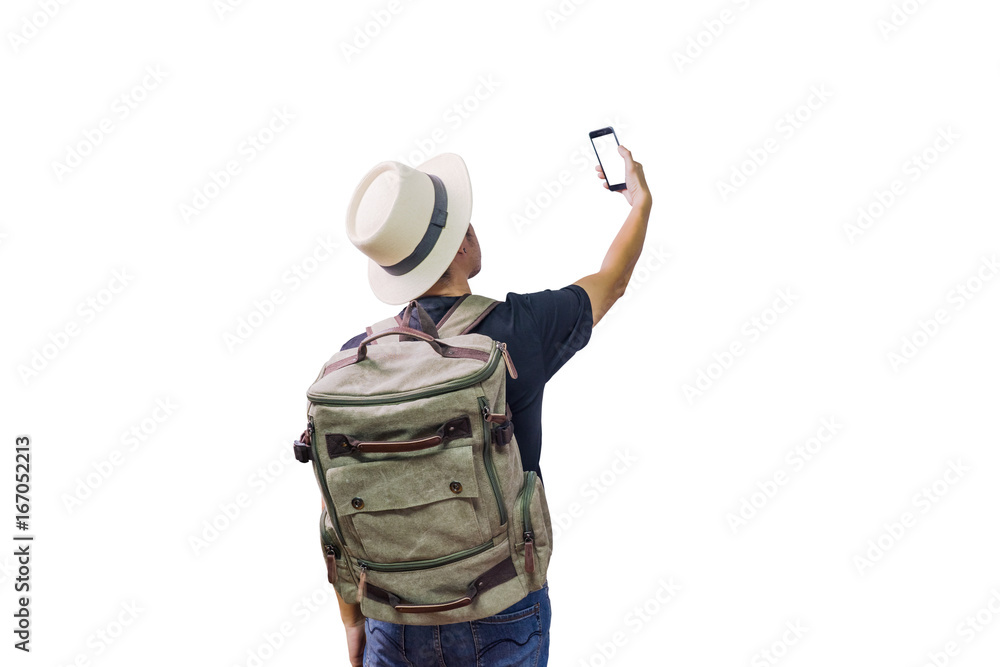 Asian man traveling backpacker on white background Asian man traveling backpacker on white background