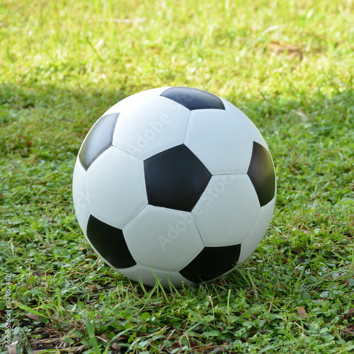 Football or soccer ball on the lawn with green grass background,outdoor activities.