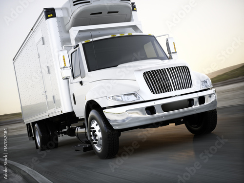Generic refrigerated cargo truck hauling goods down the road with motion blur. 3d rendering