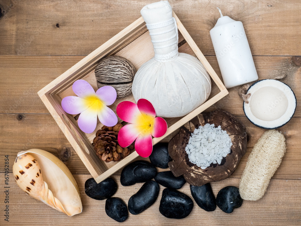 Fototapeta premium Aromatherapy product Spa set massage with white wood background. top view,flat lay composition.