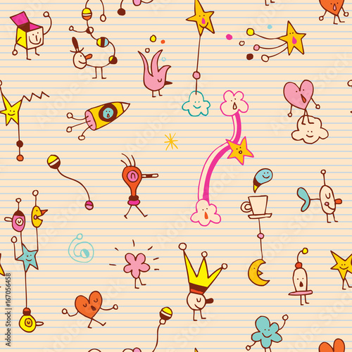 fun cartoon comic characters seamless pattern with lined note book paper background