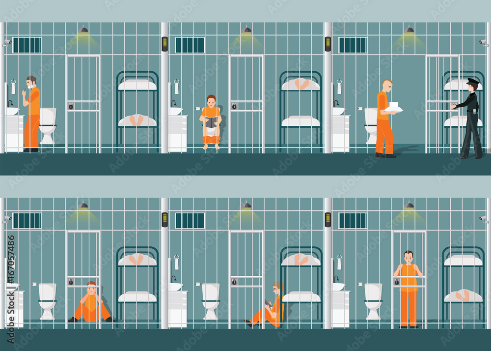Rows of prison cells with life in jail. Stock Vector | Adobe Stock