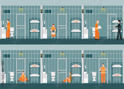 Rows of prison cells with life in jail.