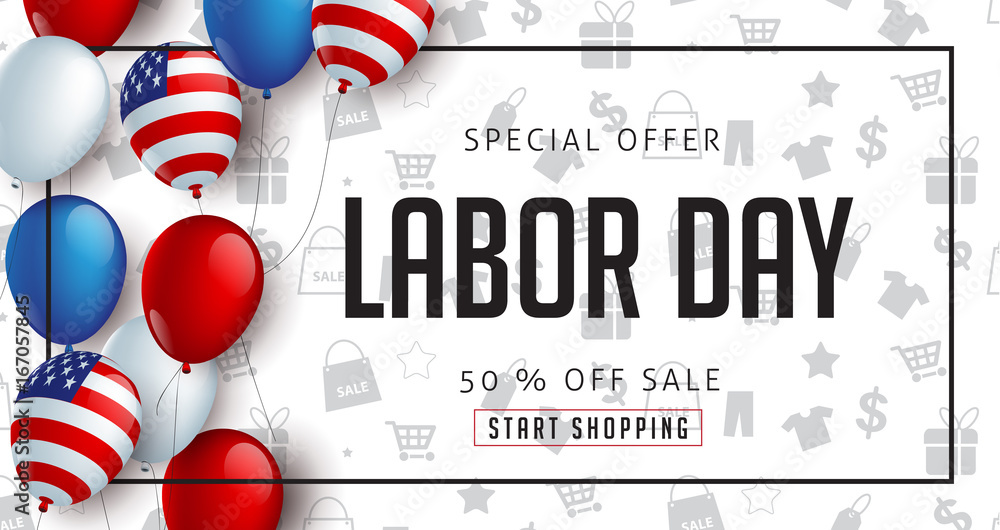 Fototapeta premium Labor day sale promotion advertising banner template decor with American flag balloons design .American labor day wallpaper.voucher discount.Vector illustration .