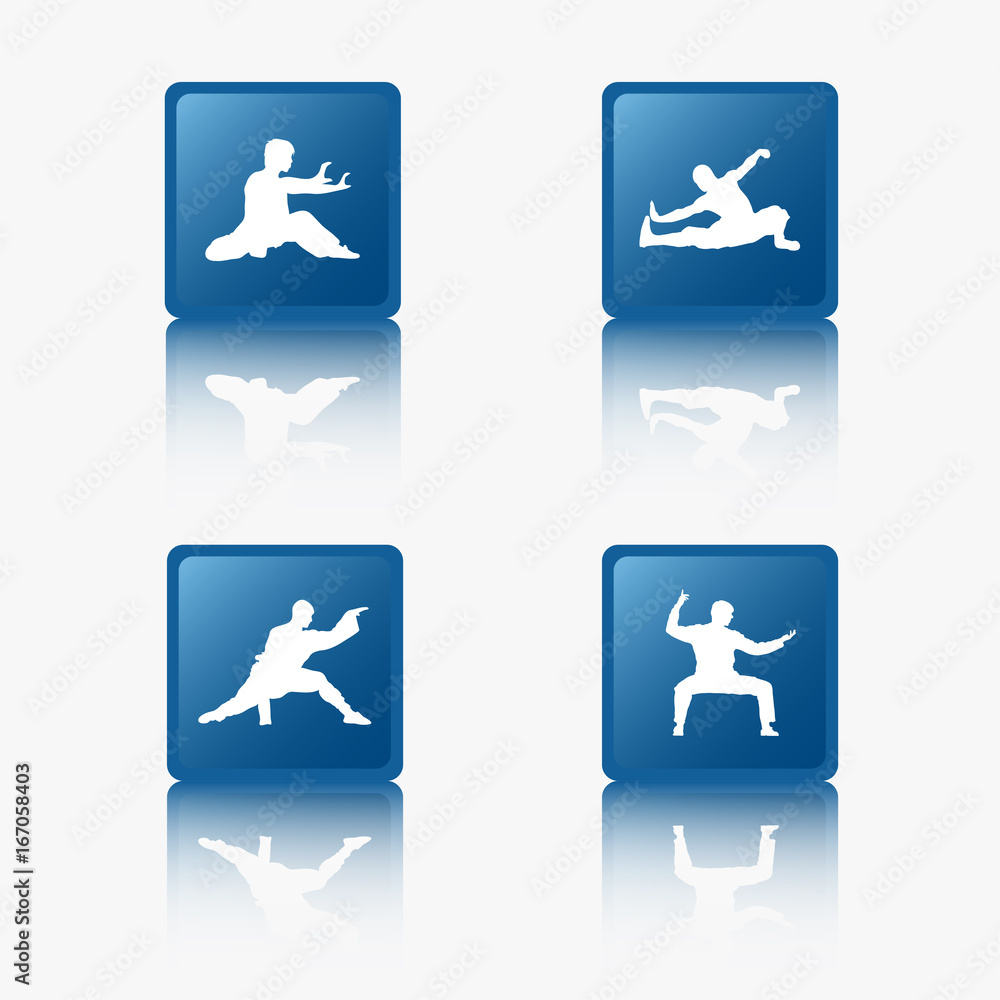 Blue Flat Design Icons, Martial Arts, Kung Fu Masters, Collection Blue Flat Design Icons, Martial Arts, Kung Fu Masters, Collection