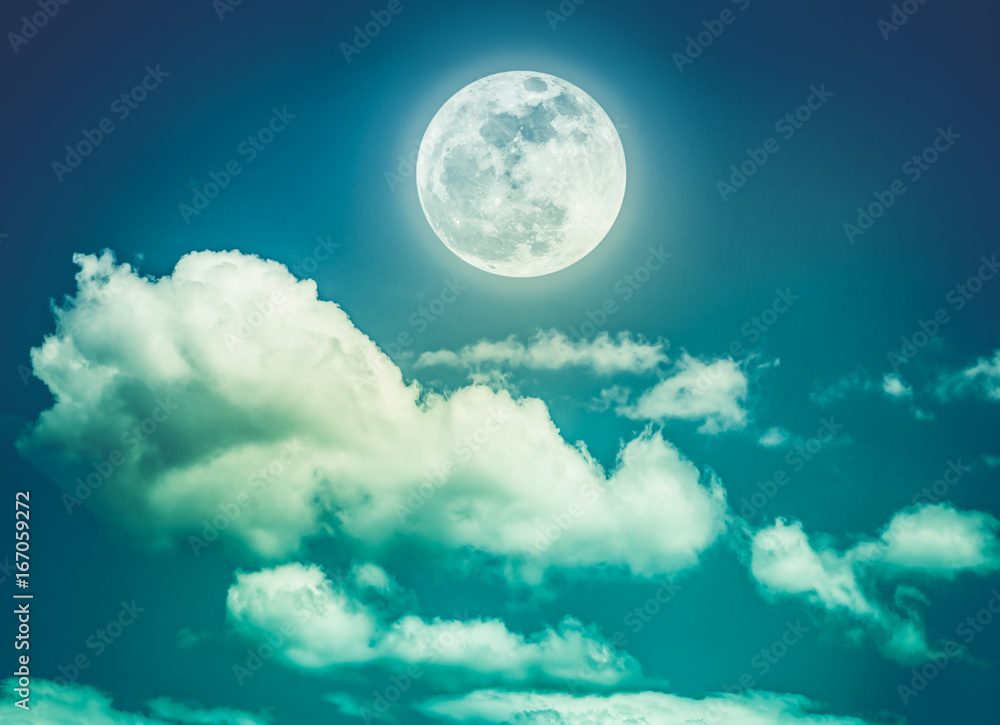Night sky with bright full moon, serenity nature background. Cross process.