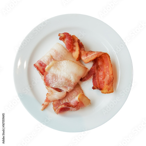 boiled and fried bacon on white plate with clipping path