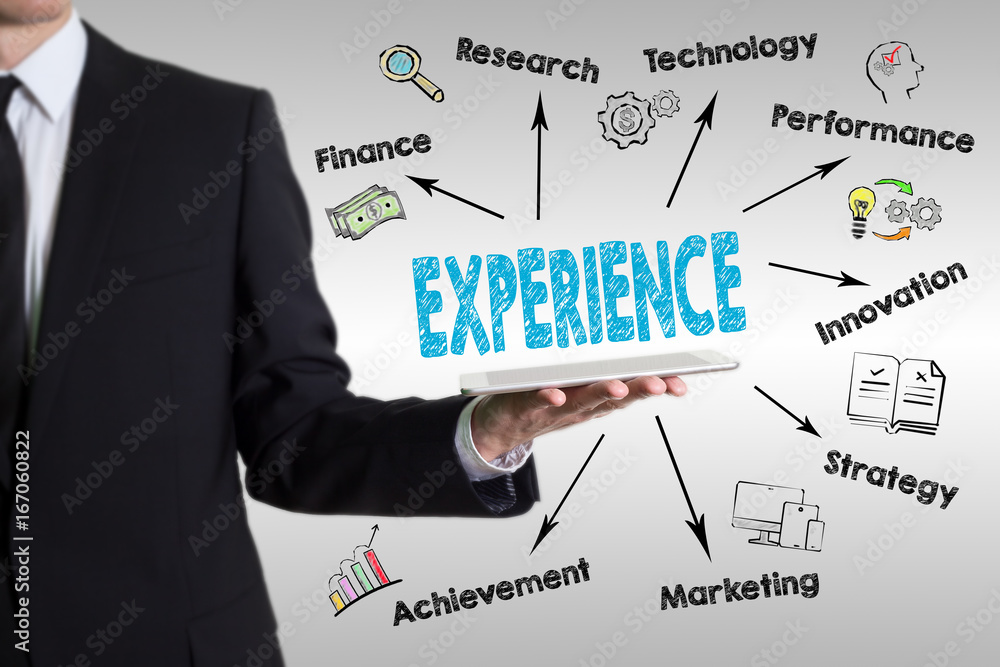 Experience Concept. Chart with keywords and icons. Man holding a tablet computer. Experience Concept. Chart with keywords and icons. Man holding a tablet computer.