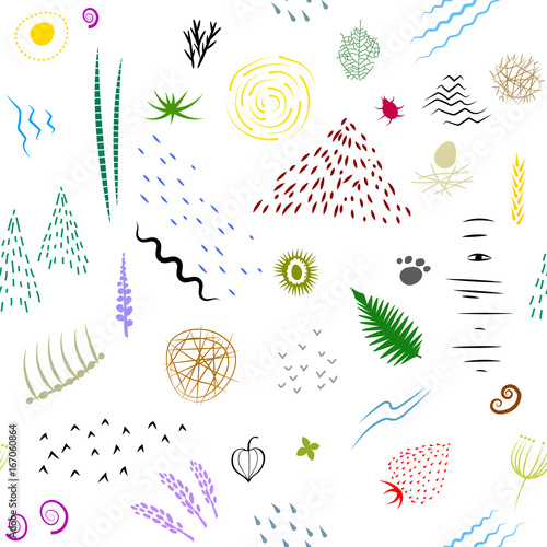 Vector seamless pattern of colorful silhouettes of hand drawn doodle natural patterns on white background.