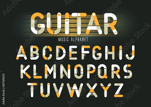 Concept of vector geometric alphabet. Theme of guitar, musical instruments, steam punk.