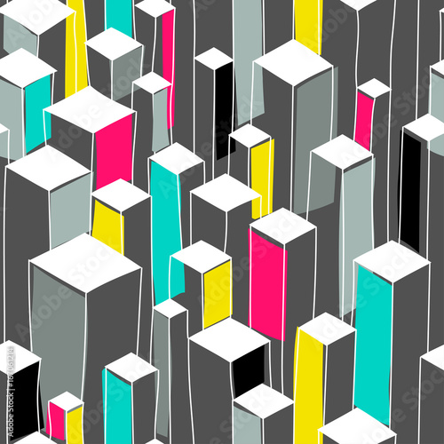 Vector seamless hand drawn pattern of isometric skyscrapers with shifted colored fill.