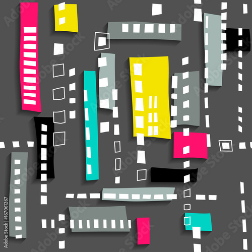 Seamless structure of stylized residential district. Black pattern with white windows and colored rectangles.