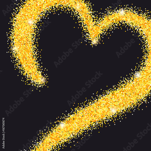 Greeting card with hand-drawn heart and palce for text. Golden heart from sand, stardust with glitter. Poster for Valentine s day, luxury wedding and for your loved ones.