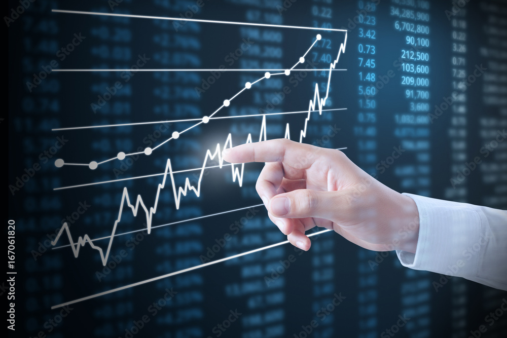 hand with financial chart symbols coming from hand hand with financial chart symbols coming from hand