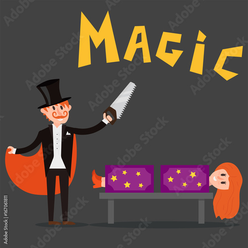 Magician prestidigitator illusionist character tricks juggler vector illustration magic conjurer show cartoon man