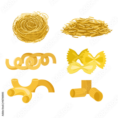 Different types of pasta whole wheat corn rice noodles organic food macaroni yellow nutrition dinner products vector illustration
