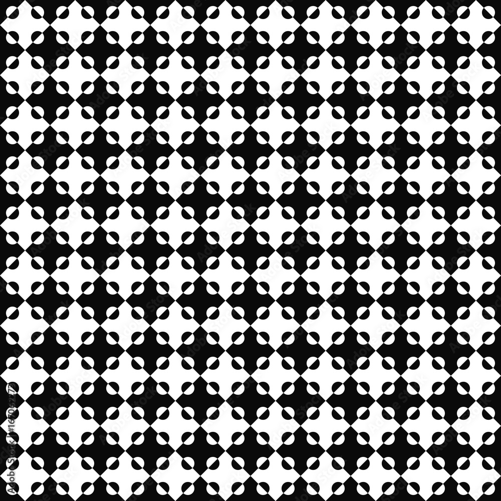 Vector seamless pattern. Abstract geometric texture. Black-and-white background with divided circles. Monochrome diamond-shaped design. Vector EPS10