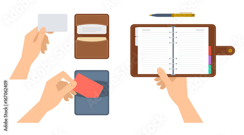 Hands are holding paper organiser and cardholder with cdedit cards. Flat illustration of schedule planner and cardboard with leather covers. Vector concept elements isolated on white background.