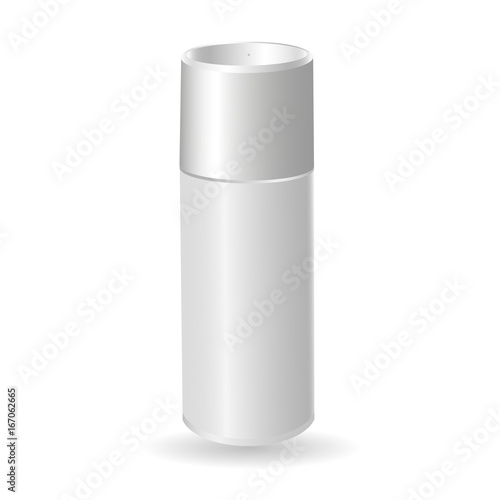 Vector mock-up of empty and clean white glossy metal spray bottle with cap. Template 3d plastic container for branding, advertising. Blank package isolated on transparent background.