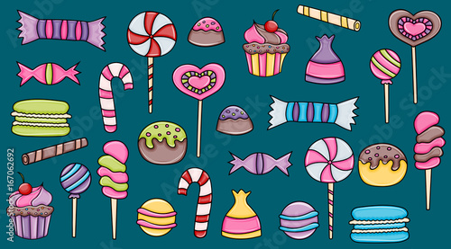 Candy and sweets cartoon doodle elements set. Hand drawn vector illustration. 