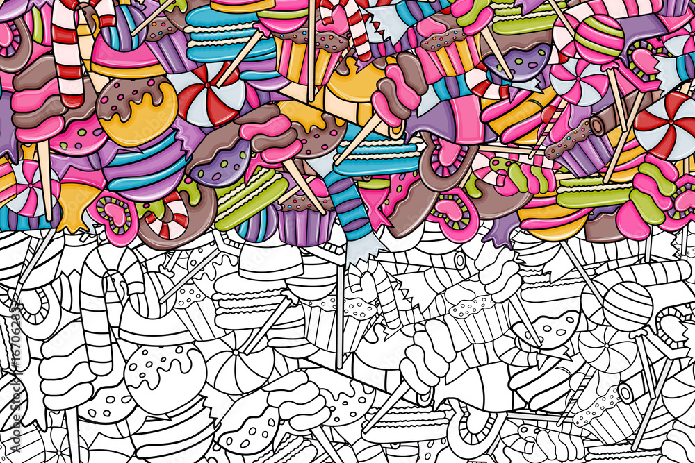 Candy and sweets cartoon doodle design. Cute outline background concept for advertisement, banner, flyer, brochure or greeting card. Hand drawn vector illustration. Lineart style.
