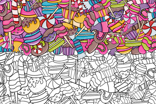 Candy and sweets cartoon doodle design. Cute outline background concept for advertisement, banner, flyer, brochure or greeting card. Hand drawn vector illustration. Lineart style.