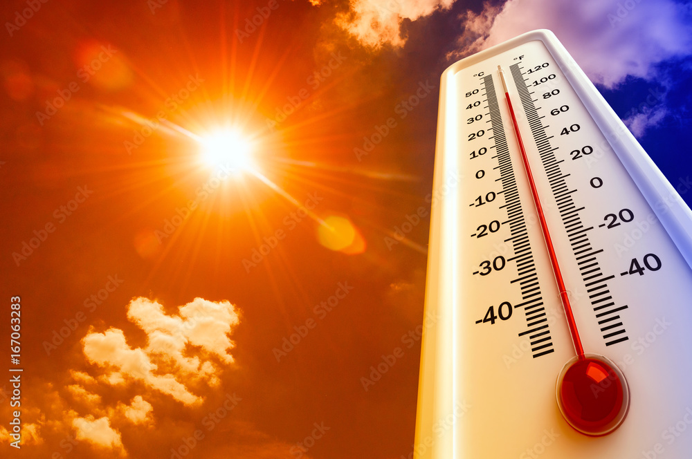 Heat Thermometer Shows The Temperature Is Hot In The Sky Summer Stock 