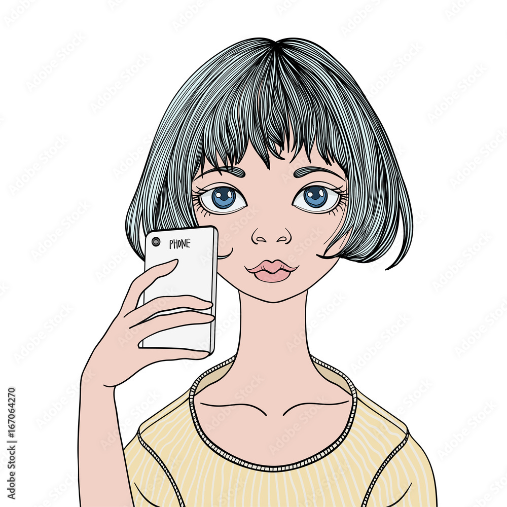 A young girl makes a selfie with a smartphone. Vector portrait illustration, isolated on white background. A young girl makes a selfie with a smartphone. Vector portrait illustration, isolated on white background.