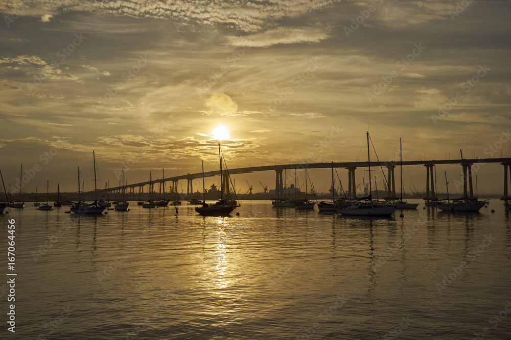 Picturesque San Diego cityscape just after sunrise  from Coronado Bay to San Diego