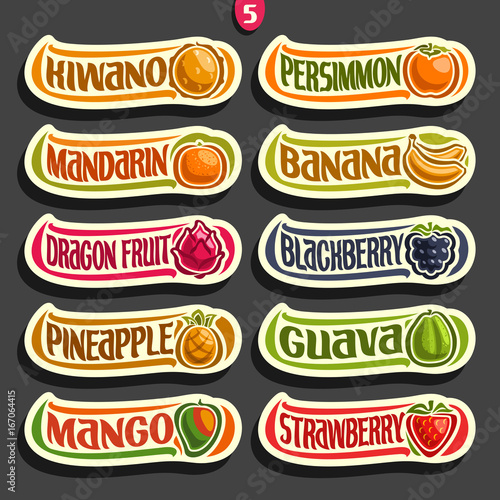 Vector Set of colorful Fruits and Berries Labels: collection of exsotic fruit logo with lettering title text isolated on black, set of cartoon simple labels for juice or candy, abstract fruits stikers