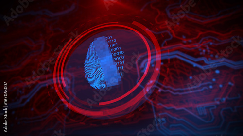 Access control. Fingerprint security. Cybersecurity and information technology. Blue, red background with digital integrated network technology. Printed circuit board. Technology background. 