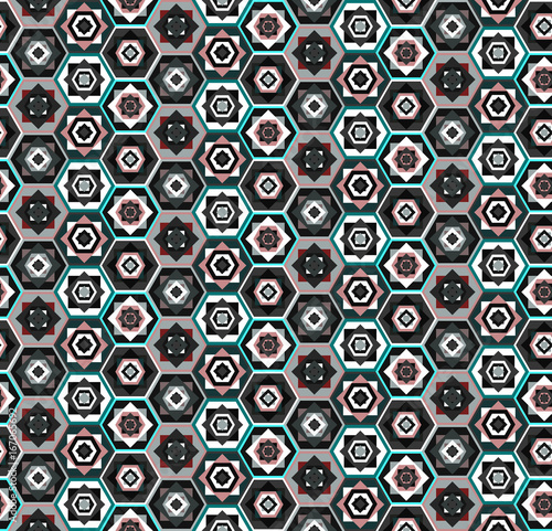 Colorful seamless geometric carpet pattern with hexagons and squares  east stile  marrakesh. Fashion black and white contrast ethnic texture for textile  wallpapers  tiles  cloth  gift wrapping paper