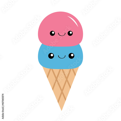 Ice cream in the waffle cone. Scoop set. Smiling face. Cute cartoon character. Love card. Sweet food. Flat design. White background. Isolated.